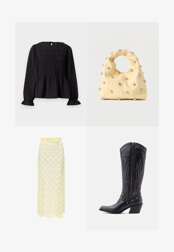 Must hõlmadega blouse mustas värvuses, smock-kattemustriga, ümmargune kaelus ja lainelised varrukad. Omab avatud seljaaukude ja volangiga vöökoha disaini.; Kollase pitsmaciga maksiseelik lainelise mustriga, millel on sile vöökoht ja pehme, õhuline tekstuur. Kujundatud lennuka silueti saavutamiseks.; Mustad nahast kauboisaapad terava ninaga, nähtavate õmblustega, hõbedaste naelakujuliste aksessuaaridega ja siseküljel lukuga.; Pehme kollane käekott ringikujulise sangaga, kaunistatud ühtlaselt paigutatud väikeste hõbedaste metallkruvidega siledal pinnal.