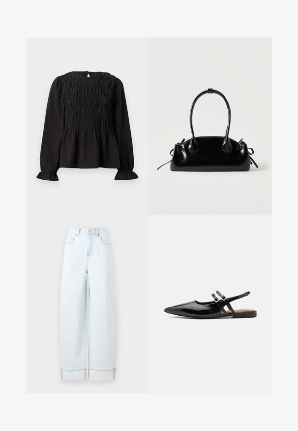 Must hõlmadega blouse mustas värvuses, smock-kattemustriga, ümmargune kaelus ja lainelised varrukad. Omab avatud seljaaukude ja volangiga vöökoha disaini.; Heledad sinised laiad teksad, mis on valmistatud denimist, kõrge vöökoht, eespool taskud ja keeratud serv nähtavate õmblusdetailidega.; Mustad lakknahast slingback kingad on terava ninaga, kahe rihmaga, millel on klambriga aktsendid, ning lame tald.; Väike must läikiv käekott kahe pika sangaga ja külgedel paelakinnitustega, ühel lihtsal helel taustal.