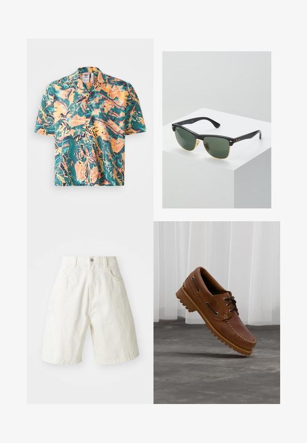 Kortærmet skjorte i et livligt tropisk mønster med grønt, orange og gult. Klassisk krave med knaplukning foran og en afslappet pasform.; Hvide denimshorts med en afslappet pasform, der har en talje, fem lommer og lige ben. Stoffet har en let tekstur.; Brun læder bådsko med sorte snørebånd, beige syninger og en robust sål, hængende over en grå betongulv.; Ray-Ban solbriller med grønne linser, sorte plastikstel og gyldne detaljer ved kanterne. Firkantet form med mat finish.
