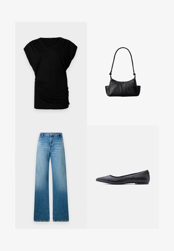 Sort kortærmet top med rund halsudskæring. Har blødt, strækbart stof med sidesyninger for et tætsiddende look. Glat tekstur, afslappet form.; Bredde jeans i lyseblå denim med klassisk fem-lomme design og en subtil gradient tekstur fra mørkere til lysere blå.; Sort flad lædersko med spidst tåparti og lav hæl, vist i sideprofil mod en hvid baggrund.; Sort læder skuldertaske med lang rem, sidelommer og præget Calvin Klein-logo på fronten.