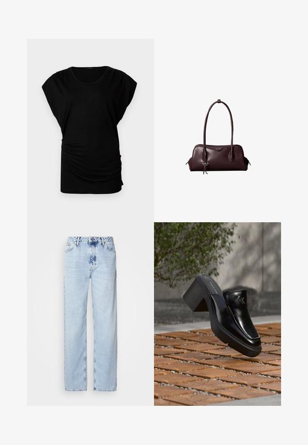 Haut noir à manches courtes avec un col rond. Il est confectionné dans un tissu doux et extensible avec des fronces sur les côtés pour un look ajusté. Texture lisse, forme décontractée.; Jeans large bleus clairs en denim, avec une taille haute, un lavage décoloré et un motif tie-dye subtil à l'avant.; Mule slip-on en cuir noir Calvin Klein avec talon bloc reposant sur des carreaux en bois à l'extérieur près d'une plante verte et d'un mur gris.; Sac à main en cuir brun foncé Calvin Klein avec de longues poignées doubles et un petit porte-clé logo suspendu à une poignée.