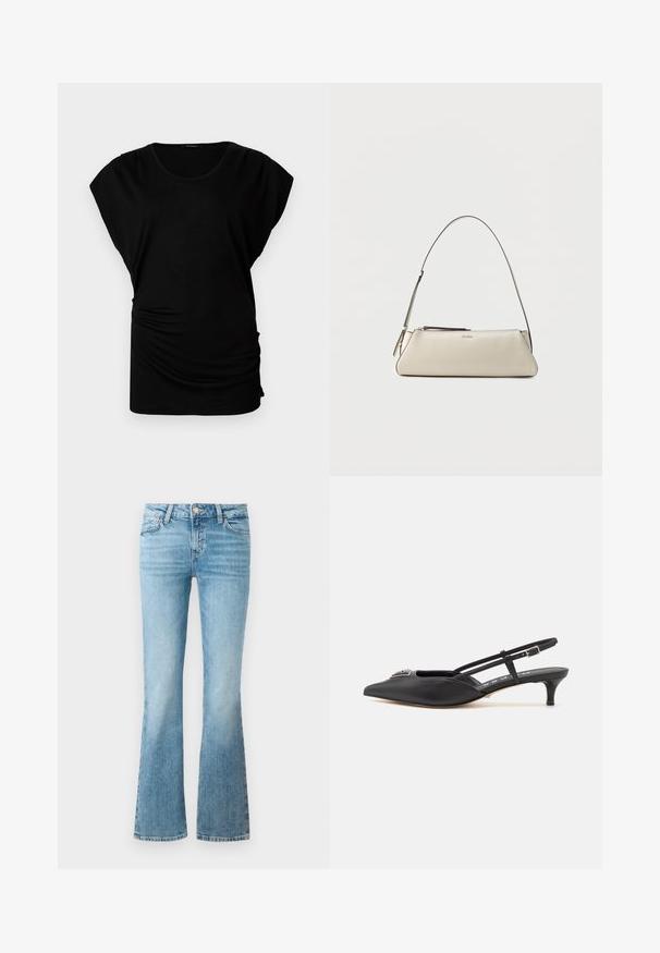 Sort kortærmet top med rund halsudskæring. Har blødt, strækbart stof med sidesyninger for et tætsiddende look. Glat tekstur, afslappet form.; Lysblå denimflaredragt med frontlommer, bæltesløjfer og knaplukning.; Sorte slingback-sko med spids tå, lavet af glat materiale, med en lille hæl og en dekorativ sølvaccent på vamps.; Lille beige læder skuldertaske med tynd rem og lynlås, mærket med et diskret metal-logo på frontens midte.