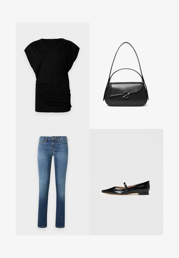 Sort kortærmet top med rund halsudskæring. Har blødt, strækbart stof med sidesyninger for et tætsiddende look. Glat tekstur, afslappet form.; Blå denim jeans med lige ben, der har en let falmning, fem lommer og en enkelt knaplukning i taljen.; Sorte patenterede læder Mary Jane flade sko med spids tå, én rem og lav hæl på ensfarvet baggrund.; Sort skuldertaske i læder med en buet klap, der er fastgjort med en rund metal spænde, og en slank, justerbar rem.