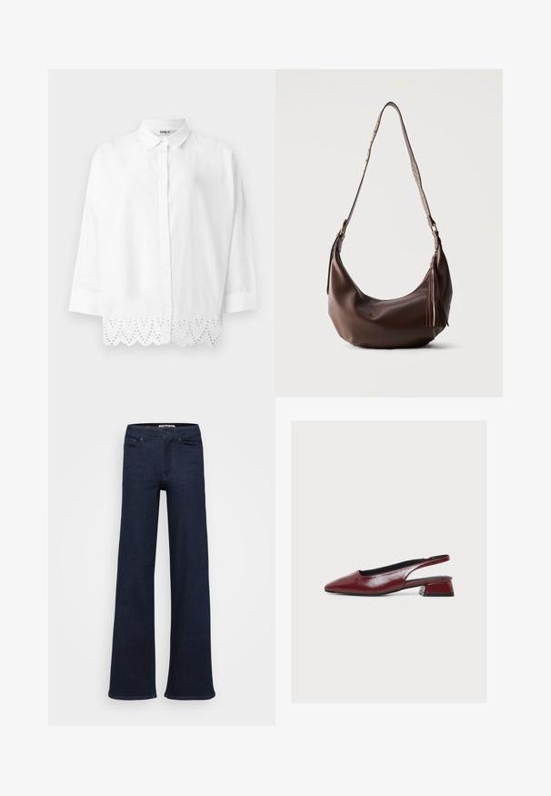Blouse blanche à manches longues avec boutons sur le devant, col et détails en dentelle à jours le long de l'ourlet festonné.; Jean large bleu foncé en denim. Doté d'un design classique à cinq poches, de boutons à l'avant et de coutures droites.; Chaussure slingback en cuir bordeaux à bout pointu et petit talon bloc, présentée de profil sur fond blanc.; Sac à bandoulière en cuir marron avec des clous dorés sur la sangle et un gland en cuir sur la fermeture éclair, présenté sur un fond uni.