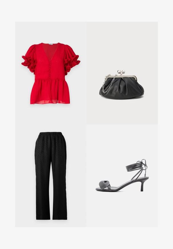 Rode textuurblouse met een diepe V-hals, knoopdetails langs de voorkant en korte mouwen met ruffles. Peplum-stijl zoom.; Zwarte elastische broek met een textuurontwerp en een subtiele patroon, rechte pijpen en een lichtgewicht stof.; Grijze leren sandaal met hak, voorzien van een geknoopte band bij de tenen en wikkellinten rond de enkel op een slanke sandaal met een middenhoge hak, tegen een witte achtergrond.; Zwarte leren clutch met geplooide textuur, zilverkleurig metalen frame, drukknopsluiting en kettingriem. Glad, zacht oppervlak.