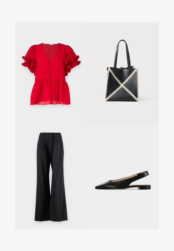 Rode textuurblouse met een diepe V-hals, knoopdetails langs de voorkant en korte mouwen met ruffles. Peplum-stijl zoom.; Veronica Beard OLLIE PANT - Broek - black; Zwarte leren slingback platte schoen met spitse neus en lage vierkante hak op een witte achtergrond.; Zwarte leren draagtas met crèmekleurige stiksels in een X-patroon. Voorzien van twee zwarte handvatten en een ongestructureerde vorm.