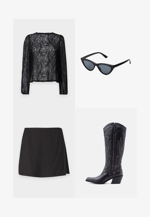 Blouse en dentelle noire à manches longues avec un motif floral, un col rond et une coupe légèrement ample avec des poignets élastiques.; Jupe noire en tissu lisse, dotée d'une coupe droite et d'une fente sur un côté. Design simple sans motifs ni embellissements.; Bottes de cow-boy en cuir noir avec bout pointu, coutures apparentes, ornements à clous argentés et fermeture éclair sur le côté intérieur.; Lunettes de soleil noires en forme d'œil de chat avec des verres gris foncé, monture en plastique élégante, coins pointus et branches droites. Pas de métal visible ni d'accents.