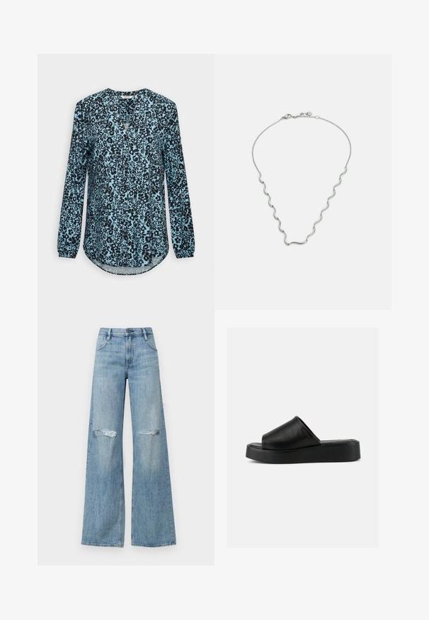 Blå bluse med lange ærmer med sort blomsterprint, V-hals og knapper foran.; Lyseblå højtaljede wide-leg jeans med slidte knæ, klassisk fem-lomme design og lynlås med knaplukning.; Sort slip-on platform sandal med bredt læderoverdel og tyk sål, vist i sideprofil mod en ensartet grå baggrund.; Sølv halskæde med bølgede led med afrundede accenter; fastgjort til en fin kæde med lås i hummerklips.