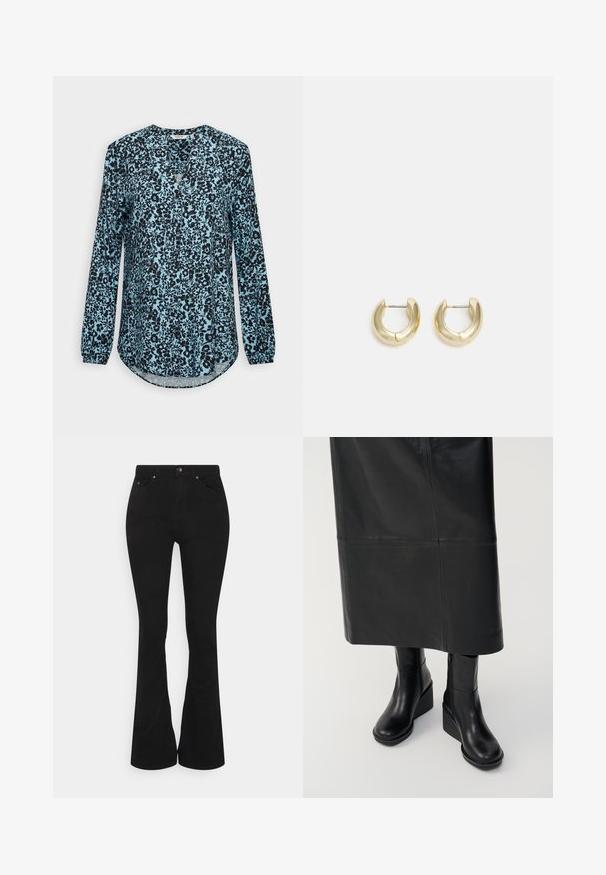 Blå bluse med lange ærmer med sort blomsterprint, V-hals og knapper foran.; Sorte flared jeans med høj talje, lavet af en blød bomuldsblanding. Har forlommer, metalknaplukning og diskrete syninger.; Sorte læder kilehæls støvler med en glat overflade og en lynlås på siden. Båret med en matchende sort lædernederdel, der har en rektangulær kant.; Guld-tone hoop øreringe med en glat, poleret overflade. Har en halvcirkelform og en sikker stiftlukning.