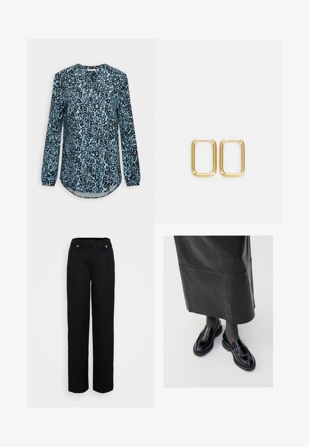 Blouse bleue à manches longues avec motif floral noir, col en V et boutons sur le devant.; Pantalons larges noirs en tissu lisse. Présentent deux boutons à l'avant et une taille haute. Des plis subtils renforcent la structure.; Mocassins en cuir noir avec une finition lisse, ornés d'une bande décorative, à bout rond et avec une semelle texturée. Portés avec une longue jupe en cuir noir.; Boucles d'oreilles en métal doré présentant une forme carrée avec des bords lisses et une finition polie, réfléchissant la lumière avec une surface brillante.