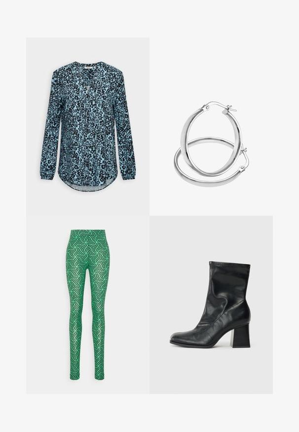Blå bluse med lange ærmer med sort blomsterprint, V-hals og knapper foran.; b.young BYROMINA - Leggings - ming green mix; Sort læder ankelstøvle med en fleksibel overdel og firkantet tå. Har en struktureret blokhæl og minimal syning.; Øreringe i sølvfarvet metal med en glat, poleret finish. De har en sikker lukning for nem påsætning og måler cirka 7,5 cm i diameter.