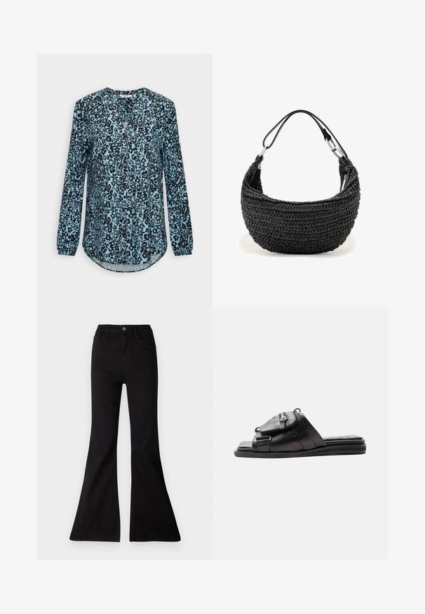 Blå bluse med lange ærmer med sort blomsterprint, V-hals og knapper foran.; Sorte flared jeans lavet af denim, med høj talje, forlommer og en stor åbning ved kanten for en vid benlængde.; Sort læder slide sandal med polstret sål og frontlomme med lynlås på remmen.; Sort vævet håndtaske med en buet form og tynd læderrem, der er fastgjort med sølvspænder.
