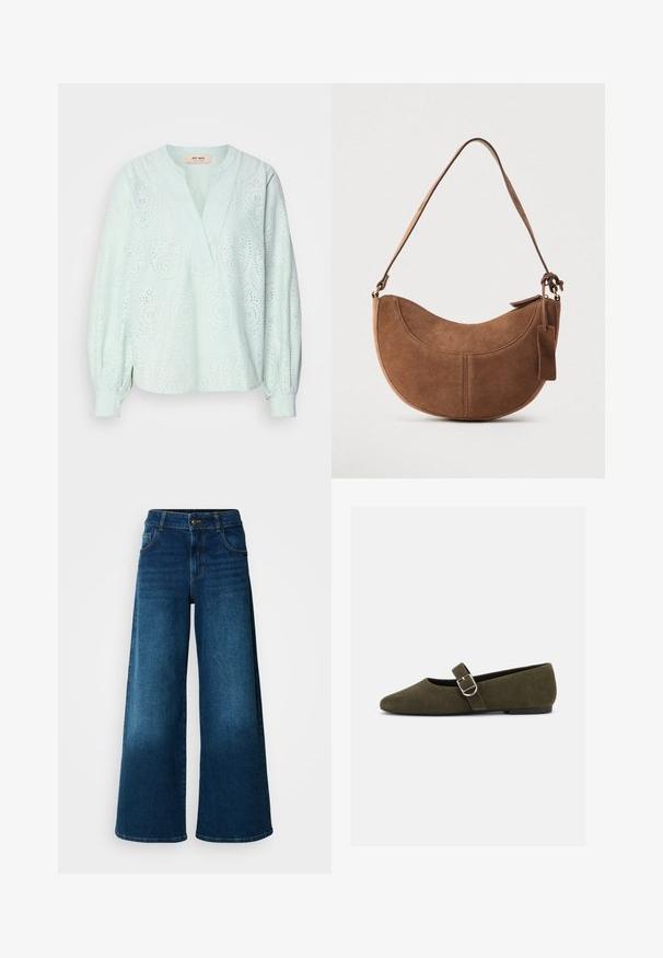Blouse vert menthe clair à manches longues, avec un col en V, des motifs découpés brodés et des poignets froncés. Fabriquée en tissu respirant.; Jean large en denim bleu foncé. Doté d'une taille haute, d'une fermeture à bouton et d'un design classique à cinq poches avec une légère décoloration.; Chaussure plate Mary Jane en daim vert olive avec bride à boucle argentée et bout arrondi, présentée sur fond blanc.; Sac à main en daim marron de forme courbée en demi-lune. Il est doté d'une bandoulière, d'une petite étiquette et de coutures visibles le long des bords.