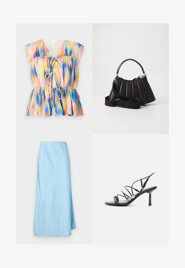Blouse colorée de style peplum avec une fermeture à nouer sur le devant, des manches courtes et un motif dégradé dans des teintes de rose, bleu et jaune.; Jupe midi bleu clair avec une texture lisse, dotée d'une légère fente latérale et d'une ceinture élastique pour le confort et la facilité de port.; Sandale noire à talon haut avec fines lanières courbées, accents argentés et boucle de cheville réglable sur fond blanc.; Sac à main plissé noir avec une poignée arrondie, une bandoulière réglable et une texture brillante. Présente des accessoires en argent et une silhouette structurée.