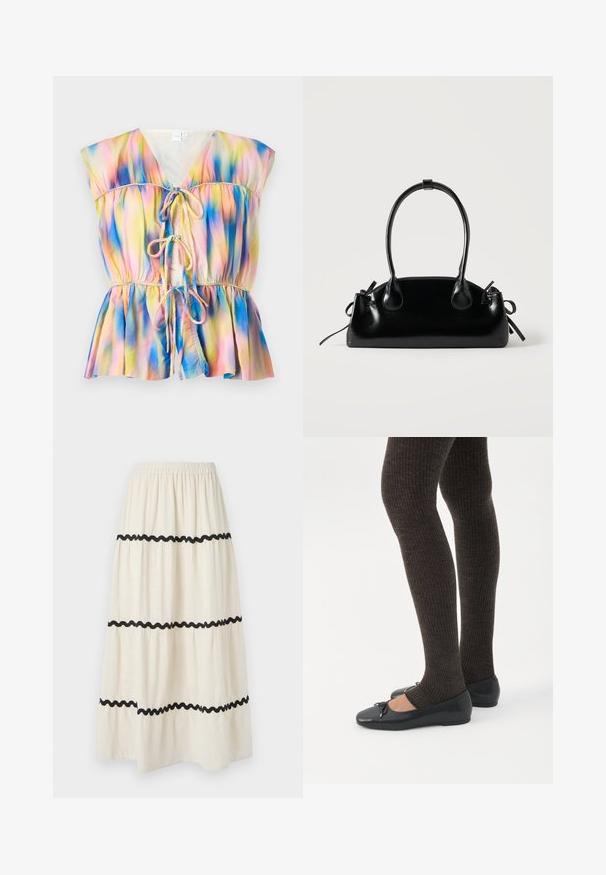 Kleurige blouse in peplumstijl met een striksluiting aan de voorkant, korte mouwen en een gradientpatroon in roze, blauw en gele tinten.; Gelaagde enkellange rok van crème stof met zwarte golvende rand. Voorzien van een elastische tailleband voor extra comfort en een vloeiende, lichte val.; Benen met donkere geribbelde leggings gecombineerd met zwarte ballerina's met kleine strikdetails op een witte achtergrond.; Kleine zwarte glanzende handtas met twee lange hengsels en zijkant trekkoord details op een effen lichte achtergrond.