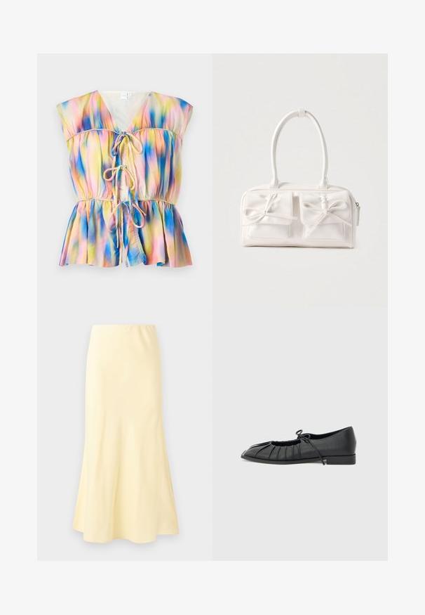 Blouse colorée de style peplum avec une fermeture à nouer sur le devant, des manches courtes et un motif dégradé dans des teintes de rose, bleu et jaune.; Jupe longue jaune pâle avec un léger évasement en bas, présentant une texture lisse et une taille élastique.; Chaussure plate noire avec design plissé à l'avant et un nœud noué sur le dessus, petit talon, et texture lisse sur un fond gris clair.; Sac à main synthétique blanc avec deux poches avant, chacune ornée d'un nœud noué. Texture lisse, anses arrondies et fermeture zippée.
