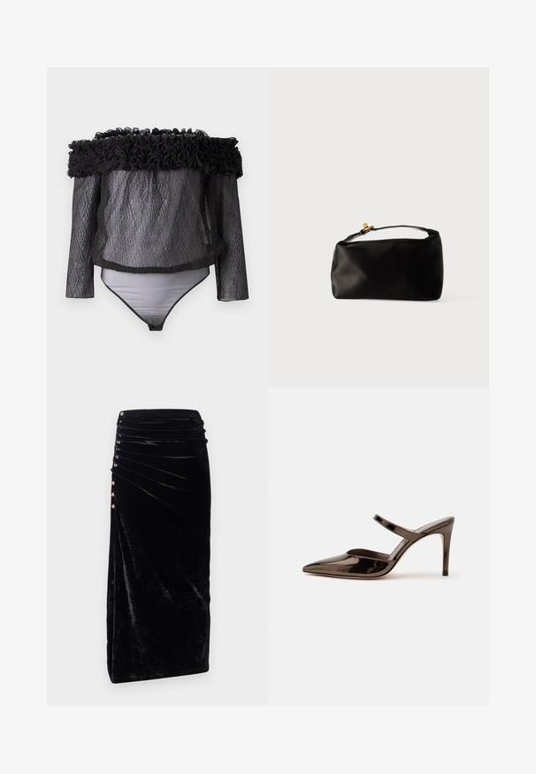 Hofmann Copenhagen EXCLUSIVE - Bluse - black; Rabanne Pencil skirt - black; Skinnende mørkebrune mule med spids tå og høje hæle med en tynd rem over foden på en ensfarvet hvid baggrund.; Sort satinpung med en afrundet form, et håndtag i toppen og en guldaccentlås. Glat tekstur med et minimalistisk design.