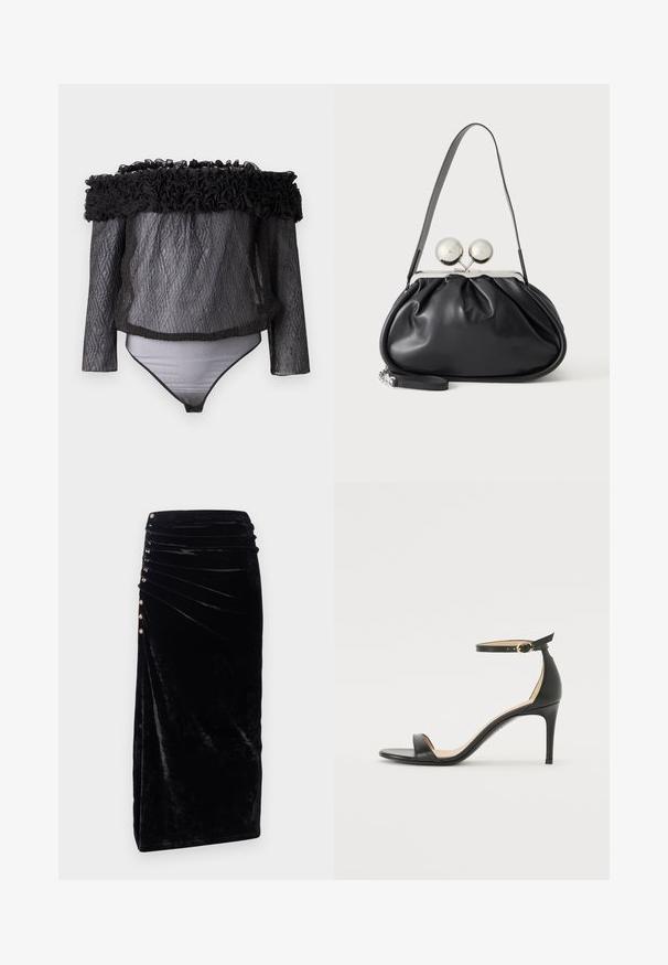 Hofmann Copenhagen EXCLUSIVE - Bluse - black; Rabanne Pencil skirt - black; Sort læder højhælede sandaler med ankelrem. Har en glat tekstur, åben tå og en tynd hæl. Guldtonet spænde detalje.; Sort læderhåndtaske med opsamlet design, en enkelt rem, sølv metalramme og to store runde sølv lukninger.