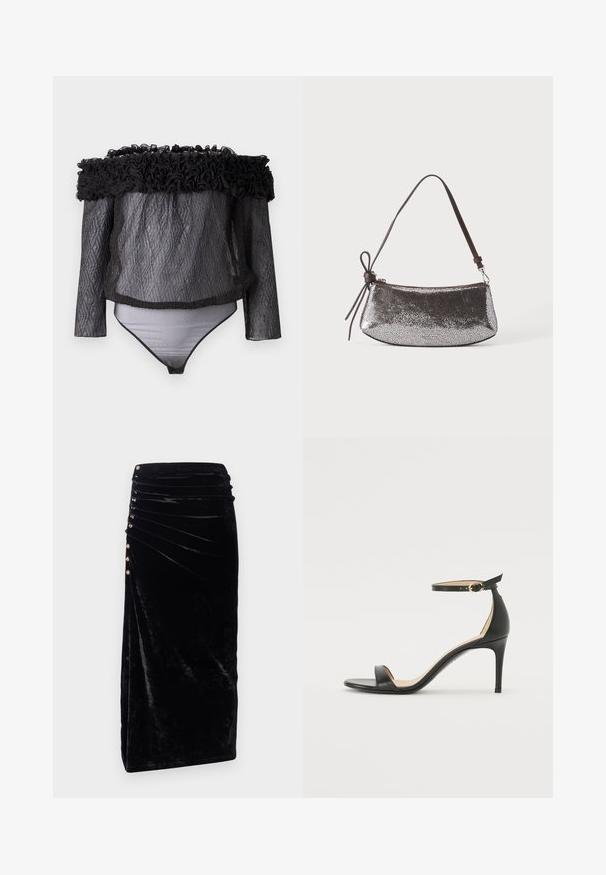 Hofmann Copenhagen EXCLUSIVE - Bluse - black; Rabanne Pencil skirt - black; Sort læder højhælede sandaler med ankelrem. Har en glat tekstur, åben tå og en tynd hæl. Guldtonet spænde detalje.; Lille metallic sølv håndtaske med tekstureret overflade, kort mørkebrun rem og dekorativt bundet sløjfe på den ene side.