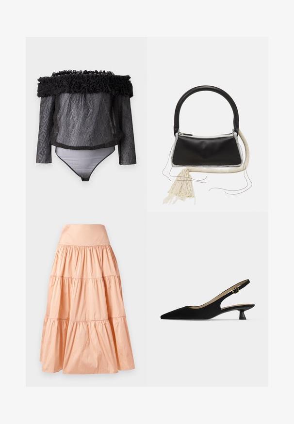 Hofmann Copenhagen EXCLUSIVE - Blouse - black; Perzikkleurige, gelaagde rok gemaakt van lichtgewicht materiaal. Heeft een brede tailleband en een zachte, gerimpelde textuur door het hele kledingstuk.; Zwarte slingback-schoen met spitse neus, lage kittenhak en gouden gespband, in profiel getoond op een effen lichte achtergrond.; Zwarte leren tas met een ronde handgreep, zilveren rits, witte bontafwerking en een lange crèmekleurige kwast aan de voorkant.