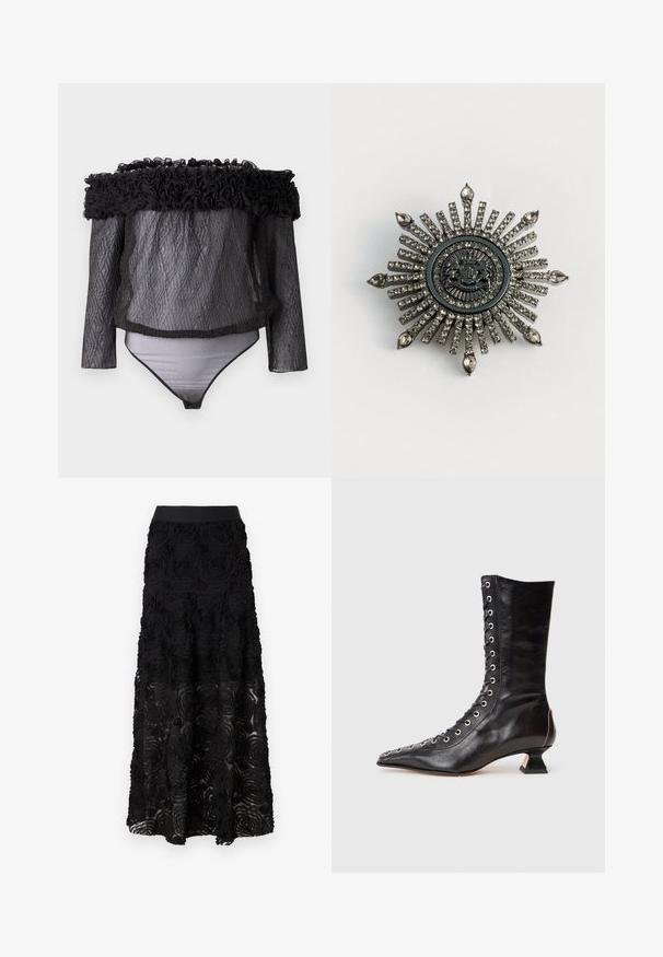 Hofmann Copenhagen EXCLUSIVE - Bluse - black; Maje JOSINO - Maxinederdele - noir; Sort læder ankelstøvle med spids tå, snøring foran, metaløjer, lav blokhæl og et strømlinet design. Glat tekstur, moderne silhuet.; Stjerneformet brosche i sølvfarvet metal med klare rhinsten. Det centrale design har et rundt emblem med indviklede detaljer.