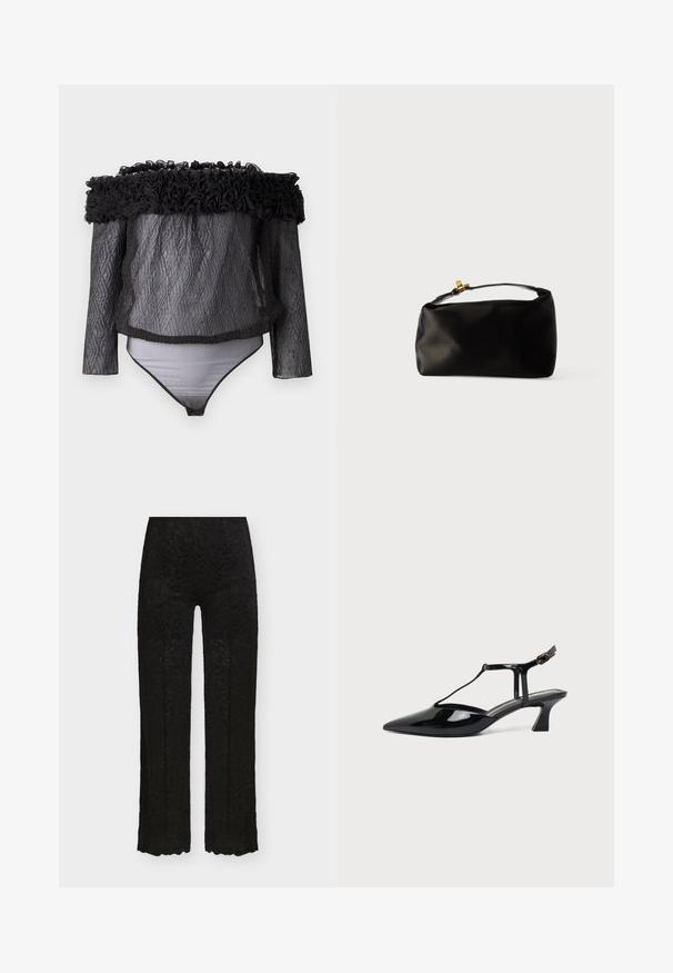 Hofmann Copenhagen EXCLUSIVE - Bluse - black; Sorte bukser med høj talje og lige ben med blomstret blondeoverflade og bølget kant på hvid baggrund.; Sort laklæder spids tå slingback sko med T-rem og lav skrå blokhæl på hvid baggrund.; Sort satinpung med en afrundet form, et håndtag i toppen og en guldaccentlås. Glat tekstur med et minimalistisk design.