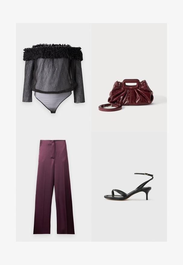 Hofmann Copenhagen EXCLUSIVE - Bluse - black; Højtaljede bukser med vide ben i dyb bordeaux med en glat finish og skjult forlukning foran, vist fladt på en hvid baggrund.; Sort damesandal i læder med tynde remme, en tå-loop, ankelspænde og en mellemhøj stiletthæl på en neutral baggrund.; Lille mørkerød læderhåndtaske med opsamlet struktur, rektangulært håndudskåret håndtag og aftagelig skulderrem på hvid baggrund.