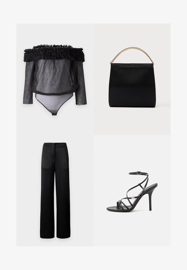 Hofmann Copenhagen EXCLUSIVE - Blouse - black; Zwarte wijdvallende broek met een gestructureerd oppervlak, voorzien van een platte tailleband en twee zijzakken. De stof lijkt licht en vloeiend.; Zwarte hoge hakken sandaal met dunne banden, een enkelgesp, een gladleren oppervlak en een slanke stilettohak.; Zwarte tas van gladde stof met een gestructureerde vorm, een handvat van gouden ketting en een minimalistisch geometrisch ontwerp.