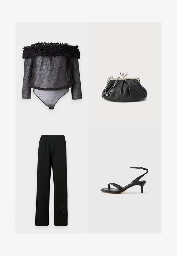 Hofmann Copenhagen EXCLUSIVE - Bluse - black; Sorte breddebenede bukser lavet af blødt stof, med elastisk talje og dekorativt naglede design ved kanten.; Sort damesandal i læder med tynde remme, en tå-loop, ankelspænde og en mellemhøj stiletthæl på en neutral baggrund.; Sort læder clutch med samlet tekstur, sølvfarvet metalramme, kys-lås lukning og kædestrop. Glat, blød overflade.