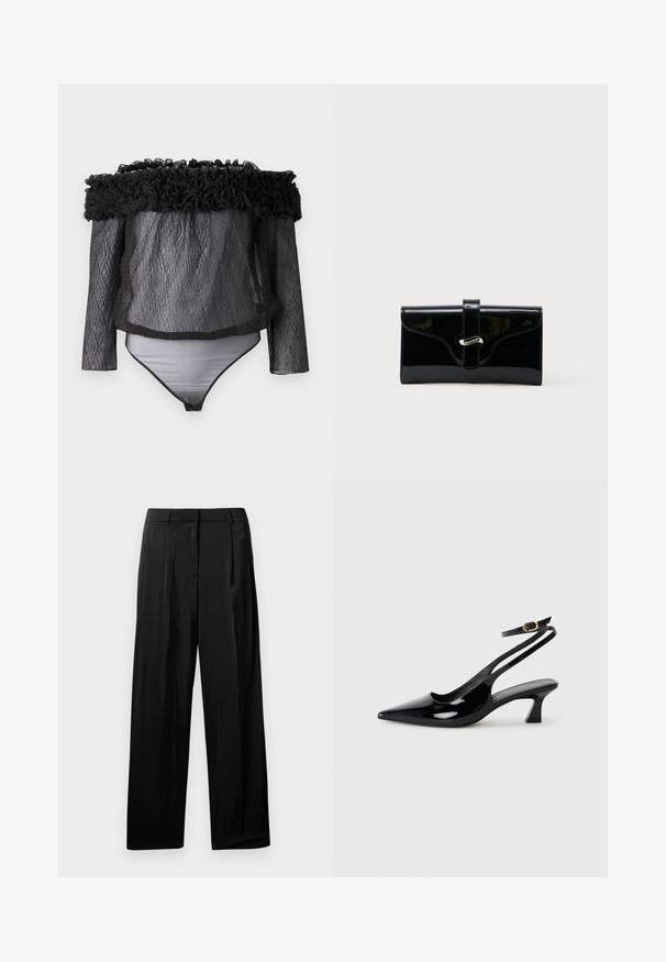 Hofmann Copenhagen EXCLUSIVE - Blúzka - black; Čierne široké nohavice s hladkou textúrou látky, s prednými skladmi, pútkami na opasok a zipsovým zapínaním.; Čierne lakové slingback topánky na podpätku s ostrou špičkou, nízkym blokovým podpätkom a nastaviteľným členkovým remienkom s zlatou sponou.; Čierna lesklá obdĺžniková peňaženka s predným remienkom a strieborným kovovým zapínaním, umiestnená na čistom bielom pozadí.