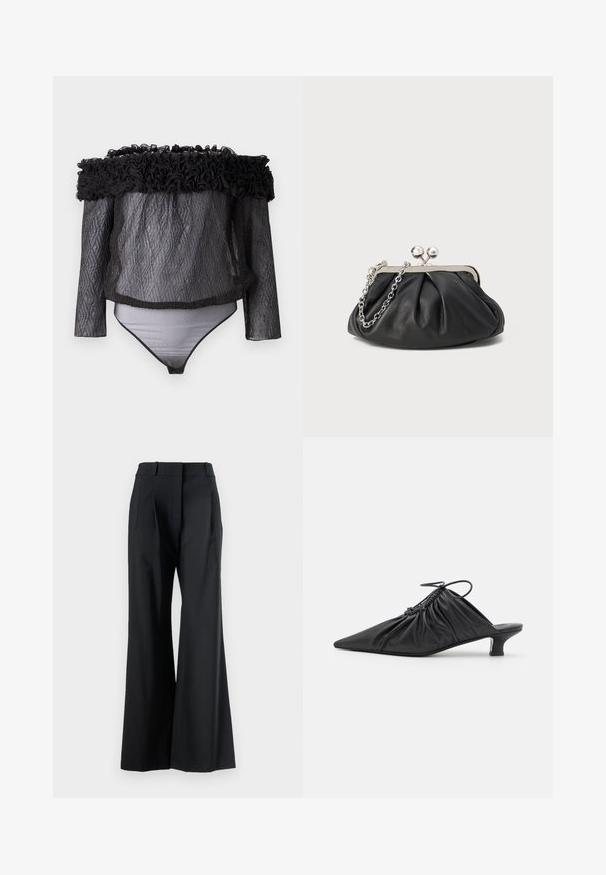 Hofmann Copenhagen EXCLUSIVE - Blúzka - black; Veronica Beard OLLIE PANT - Nohavice - black; Čierne kožené slip-on mule s špicatou špičkou, zberanou textúrou a malým podpätkom. Obsahuje šnúrovací detail na otvorení.; Čierna kožená kabelka s vrúbkovou textúrou, strieborným kovovým rámom, uzáverom na pobozkanie a retiazkou na nosenie. Hladký, jemný povrch.