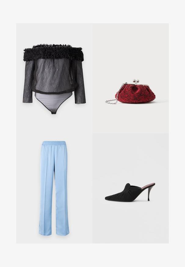 Hofmann Copenhagen EXCLUSIVE - Bluse - black; Lys blå, brede bukser med elastisk talje. Glat tekstur, ensartet design og let flagrende bund med sidetekstur i bunden.; Sort højhælet mule med spids tå, blødt stof med rynket tekstur foran og en slank stiletthæl.; Lille rød perlebesat clutch med sølvspænde og kæderem på en ensartet hvid baggrund.