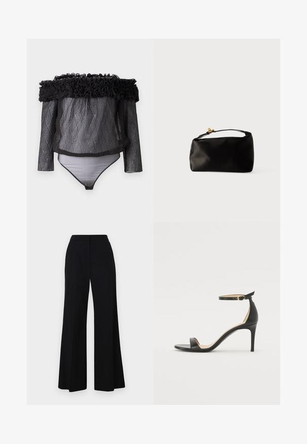 Hofmann Copenhagen EXCLUSIVE - Blúzka - black; Čierne široké nohavice s vysokým pásom, hladkým materiálom a elegantnými líniami. Bez viditeľného hardvéru alebo vzorov.; Čierne kožené sandále na vysokom podpätku s popruhom okolo členka. Vlastnosti hladkého povrchu, otvorenej špičky a tenkého podpätku. Detail zlatého spony.; Čierna saténová taška v tvare guľatého pohlavia, s hornou rúčkou a zlatým zapínaním. Hladký povrch s minimalistickým dizajnom.