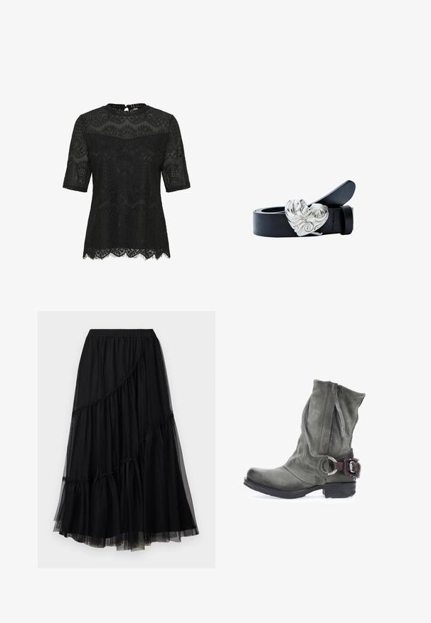 Musta pitsipaita lyhyillä hihoilla. Ominaisuuksiin kuuluu monimutkainen kukkakuosi, hapsureuna ja avomahdollisuus takana. Puoliksi läpikuultava rakenne.; TWINSET SKIRT - A-linjainen hame - nero; Harmaa nahkainen nilkkuri, jossa on ryppyinen muotoilu, solkidetali, pyöreä kärki ja tekstuuri päällä ja pohjassa.; Musta nahkainen vyö, jossa on kiiltävä hopeanvärinen sydämenmuotoinen solki, jonka pinnassa on pyörteisiä kuvioita. Vyössä on sileä rakenne ja klassinen muotoilu.