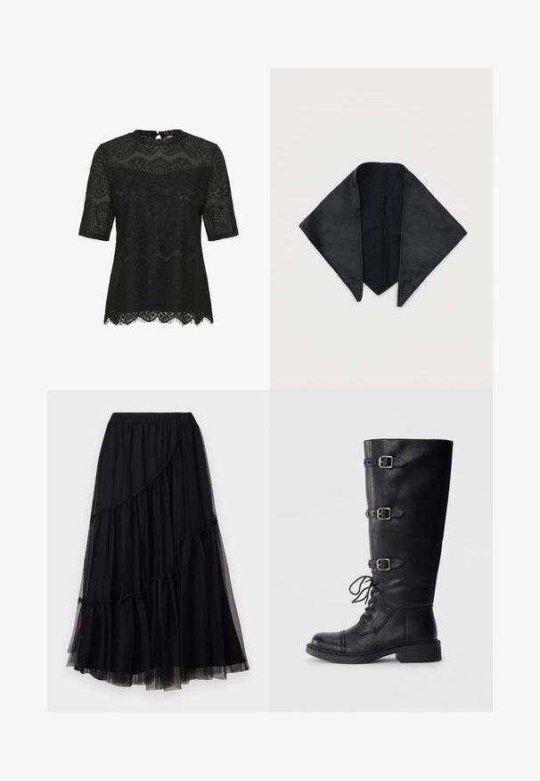 Must mustriga lühikeste varrukatega. Omab keerukaid lillemotiive, lainelist hemmi ja võtmeaugu taga kinnitust. Poolkahvatu tekstuur.; TWINSET SKIRT - A-lõikeline seelik - nero; Mustan nahast kõrginett, millel on nööridega esikülg, kolm lõuendi aksessuaari, ümar varvas ja madal plokknina. Sile tekstuur ja matt viimistlus.; Must kolmnurkne nahast sall, sileda tekstuuriga ja teravate otstega, laotatud valgele taustale.