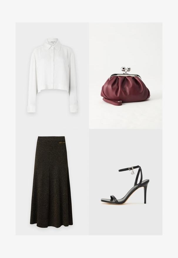 Chemise blanche raccourcie avec des manches longues, patte de boutonnage à l'avant et col classique. Tissu lisse avec des poignets structurés et un design minimaliste.; Jupe midi noire en ligne A avec un subtil éclat doré et un petit logo doré "Armani Exchange" près de la taille côté droit.; Sandale à talon haut noire avec une bride étroite à la cheville, bout carré, cuir lisse et accent de boucle métallique.; Petit sac pochette en cuir bordeaux avec fermoir métallique argenté et bracelet sur fond blanc.