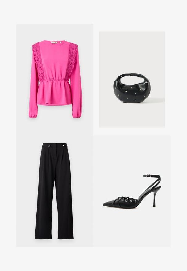Haut fuchsia à manches longues avec des détails en dentelle sur les épaules, taille froncée et tissu texturé. Encolure ronde avec des poignets élastiques.; Pantalons larges noirs au tissu lisse, dotés d'une taille haute, de plis avant et d'accents en boutons métalliques.; Chaussure à talon haut noire à bout pointu, bords festonnés, œillets métalliques, lacets à l'avant et bride de cheville avec fermeture à boucle.; Sac à main en cuir noir de forme arrondie, décoré de clous argentés et équipé d'une poignée courte. Texture lisse et fermeture éclair.