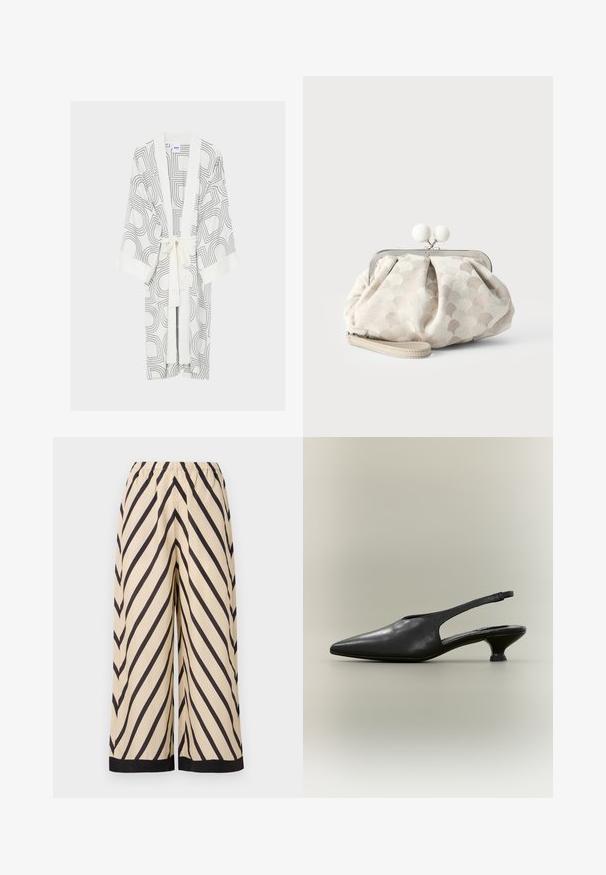Robe style kimono blanche avec des motifs de lignes géométriques noires, manches larges, col châle et ceinture à nouer à la taille.; Pantalons larges beige avec un motif de rayures noires diagonales, une taille élastique et un ourlet contrastant noir au niveau des poignets.; Chaussure à bride arrière en cuir noir avec bout pointu et petit talon bas sur fond neutre.; Petit sac pochette beige avec tissu texturé à pois, cadre argenté, fermoir rond blanc et bracelet de poignet amovible sur fond uni.