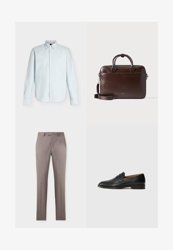 Chemise bleu clair à manches longues, à boutons, avec col boutonné et logo discret sur la poitrine gauche.; Pantalon beige pour homme, coupe droite, pli devant, passants de ceinture et fermeture avant dissimulée sur un fond uni.; Mocassin en cuir noir avec un bout arrondi, des coutures subtiles et un talon bas, présentant une texture lisse et un design minimaliste.; Mallette en cuir marron foncé avec double poignées et bandoulière amovible, forme rectangulaire, texture lisse et poche avant.