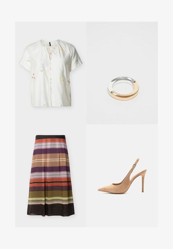 Blouse blanche à manches courtes avec broderie florale subtile, devant boutonné, encolure ronde et détail noué au col.; Jupe longue trapèze à rayures horizontales dans des tons orange, violet, marron, vert, rose et beige, avec une ceinture noire.; Chaussure slingback beige en daim à bout pointu avec bride réglable à la cheville et talon aiguilles sur fond blanc.; Uncommon Matters FLIPPED - Bague - gold-coloured/bicolor