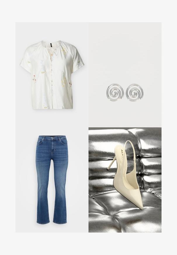 Blouse blanche à manches courtes avec broderie florale subtile, devant boutonné, encolure ronde et détail noué au col.; ONLY Carmakoma Straight fit CARWILLY Mid waist - Jean droit - dark blue denim; Chaussure à talon haut slingback en cuir verni crème, pointe pointue et talon fin, posée sur une surface texturée argentée brillante.; Paire de boucles d'oreilles en forme d'anneau spirale en argent avec un design lisse et arrondi sur fond blanc uni.