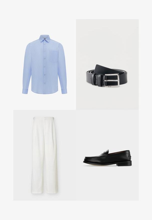 Chemise à manches longues bleu clair avec des rayures verticales blanches, fermeture par boutons et poche poitrine. Col et poignets finement détaillés.; Pantalon blanc taille haute à jambes larges avec une ceinture et des détails de boucles latérales, au design épuré et ajusté.; Mocassin homme en cuir noir avec un petit talon et une couture de style mocassin sur l'avant, vu de côté sur un fond uni.; Ceinture en cuir noir enroulée avec une boucle rectangulaire en métal argenté, marquée d'un petit texte "NN.07" sur le bord inférieur de la boucle.