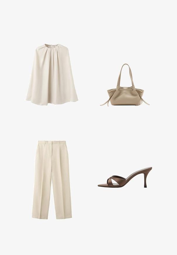 Cape beige en tissu lisse, dotée d'un col haut avec des détails froncés et d'un design fluide et drapé. Aucune fermeture ni motif visible.; Pantalon beige taille haute à jambes larges avec passants pour ceinture et poches latérales avant, fabriqué en tissu texturé.; Mule marron à bout ouvert avec brides croisées et talon haut fin, présentée sur fond blanc.; Sac cabas en cuir beige avec double poignée, détails à cordon latéral et une structure souple légèrement flasque.