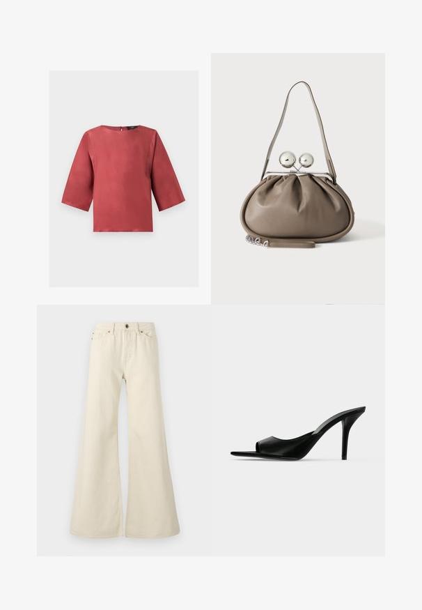 Blouse en satin couleur rouille avec manches trois-quarts et encolure ronde, présentée sur un fond blanc uni.; Jeans évasés beige clair en coton. Dotés d'une taille haute, de cinq poches et d'une fermeture à bouton avec des détails de couture contrastés.; Mule à talon haut en cuir noir à bout ouvert avec un talon stiletto fin, vue de profil sur un fond uni.; Sac à main en cuir gris de forme arrondie, fermeture supérieure avec deux grandes sphères argentées, et une seule anse.