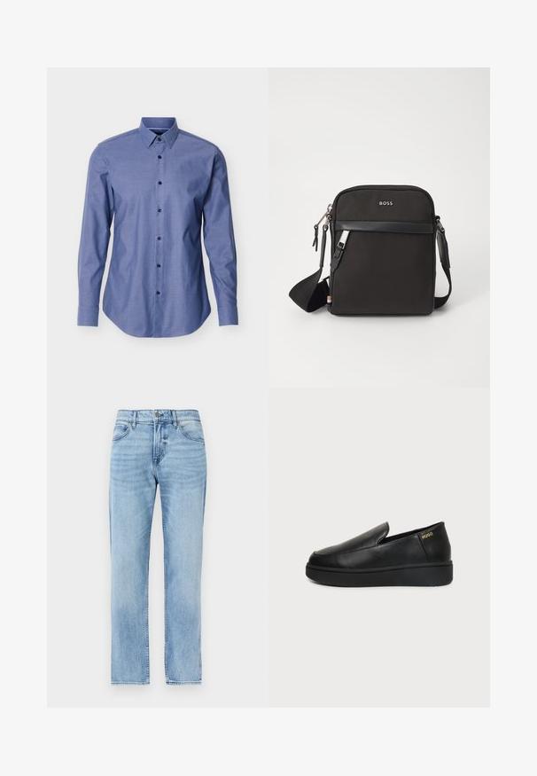 Chemise bleue à manches longues avec un col pointu et des boutons noirs sur le devant, présentée sur un fond blanc.; Jean denim bleu clair droit avec poches avant, passants pour ceinture, bouton et fermeture éclair.; Chaussure noire en cuir à enfiler avec semelle épaisse et petits trous de ventilation latéraux, avec un logo doré "HUGO" près du talon.; Sac bandoulière noir en tissu texturé, avec un logo sur le devant, fermeture éclair et une bandoulière réglable. Finitions en cuir lisse.