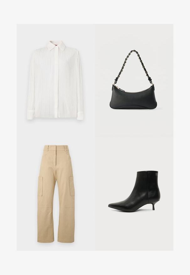 Chemise blanche plissée avec un col classique, des manches longues et une fermeture à boutons, présentant une texture douce et un léger brillant.; Pantalons cargo beiges en coton, avec une taille haute, des jambes larges, deux poches latérales et deux grandes poches cargo sur les cuisses.; Bottine en cuir noir avec bout pointu et petit talon kitten sur fond clair, vue côté extérieur.; Sac à bandoulière en cuir noir de forme rectangulaire incurvée, avec une chaîne dorée tissée dans la bandoulière noire tressée et une fermeture éclair sur le dessus.