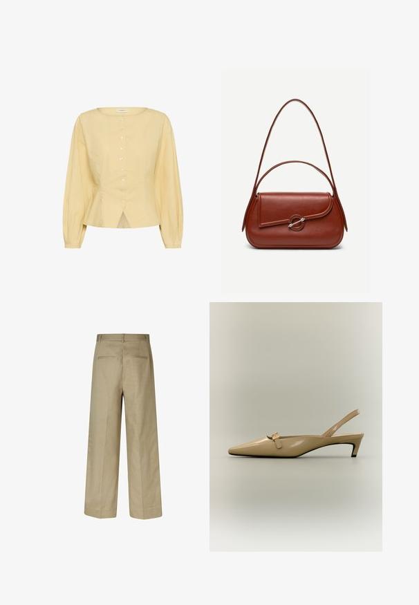 Blouse jaune clair à manches longues avec encolure ronde, boutons sur le devant, taille cintrée et ourlet légèrement évasé avec une fente à l'avant.; Pantalons larges beiges avec une texture lisse, des poches arrière et des passants de ceinture. Coupe ajustée avec une silhouette droite.; Escarpin slingback en cuir verni beige avec talon kitten, bout pointu et petite sangle à boucle sur fond neutre.; Sac à bandoulière en cuir marron de forme rectangulaire arrondie, rabat asymétrique, fermoir circulaire argenté et deux fines bretelles.