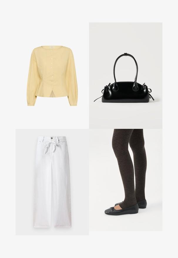 Blouse jaune clair à manches longues avec encolure ronde, boutons sur le devant, taille cintrée et ourlet légèrement évasé avec une fente à l'avant.; Pantalons larges blancs en coton. Dotés d'un cordon de serrage à la taille et d'une fermeture à bouton. Texture lisse avec un design minimaliste.; Jambes portant des leggings côtelés foncés associés à des ballerines noires avec de petits détails en nœud sur fond blanc.; Petit sac à main noir brillant avec deux longues anses et des détails à cordon sur les côtés sur un fond clair uni.