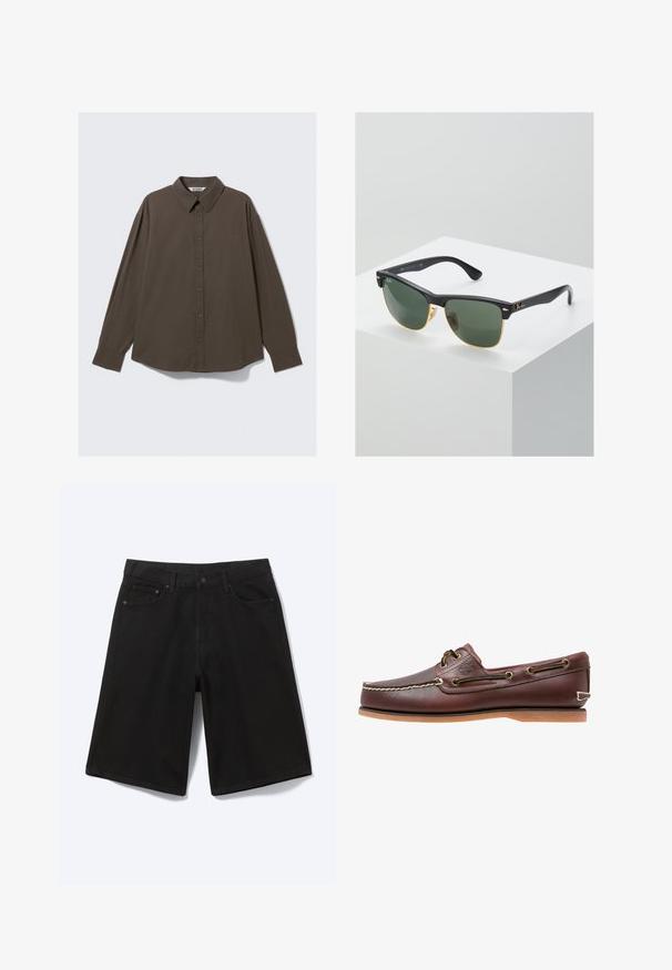 Brun ternet skjorte med knapper, krave, lange ærmer og lige snit. Fremstillet af let stof med en blød tekstur.; Sorte denim shorts til knæet med frontknap, bæltestropper og fem lommer, vist mod en hvid baggrund.; Brun læder bådsko med hvide sømme, snøre detaljer og lysbrun gummisål, vist fra siden på hvid baggrund.; Ray-Ban solbriller med grønne linser, sorte plastikstel og gyldne detaljer ved kanterne. Firkantet form med mat finish.