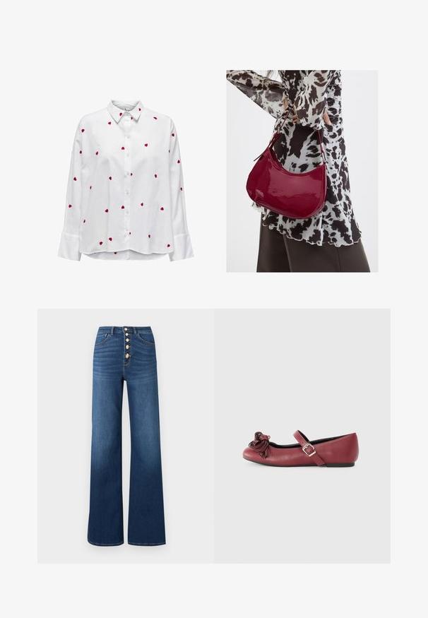 Chemise blanche à manches longues et col classique, ornée de broderies en forme de cœur rouge dispersées sur le tissu. Fermeture à boutons sur le devant et manches à poignet.; ONLY ONLMADISON BLUSH BUT WIDE - Jean boyfriend - medium blue denim; Ballerines en cuir bordeaux avec un bout rond, une bride de cheville et un détail de frange décoratif à l'avant. Semelle plate et design simple.; Femme portant un chemisier à motif noir et blanc tenant un sac à main rouge brillant sur un fond uni.